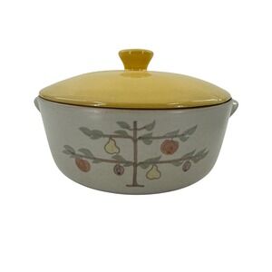 Vintage Fruit Tree Stoneware Casserole Dish with Yellow Lid and Side Handles